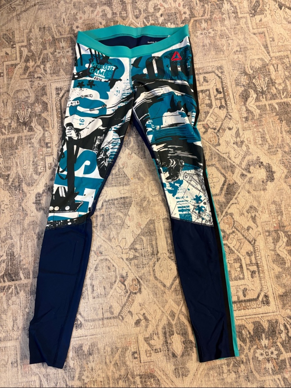 Reebok Teal, Navy & White Graphic Leggings